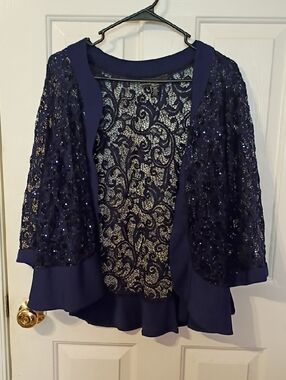 R&M Richards Navy Sequin Lace Open Cardigan